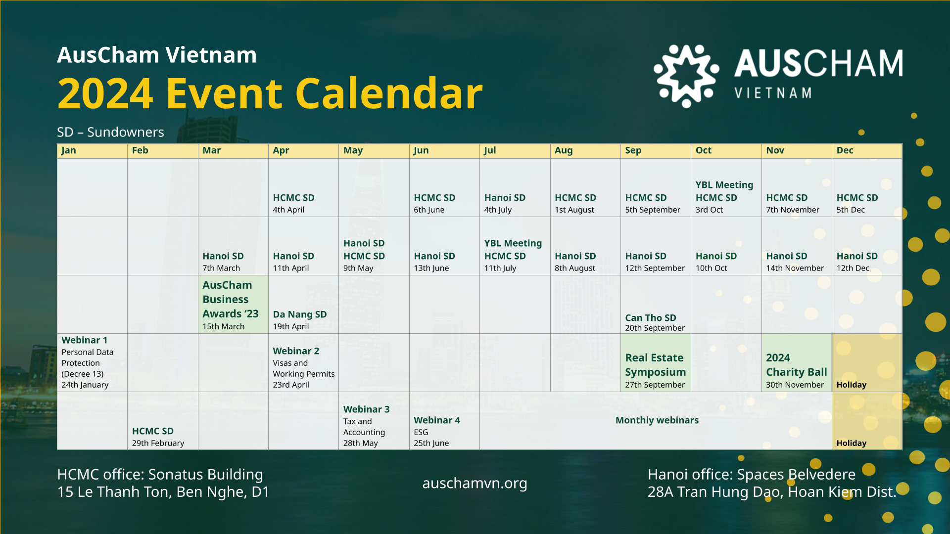 AusCham Event calendar for 2024 - monthly networking events and signature events in September, November, and March